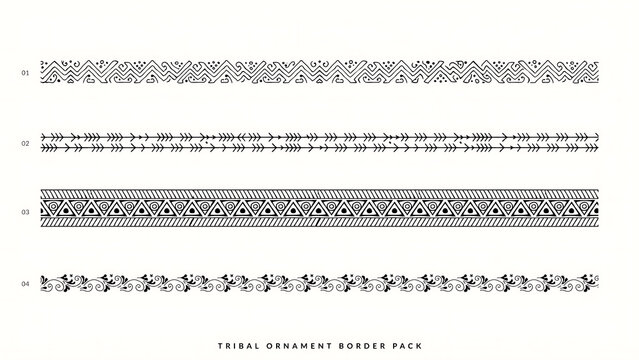 Four horizontal black tribal ornament borders and patterns isolated on a transparent background