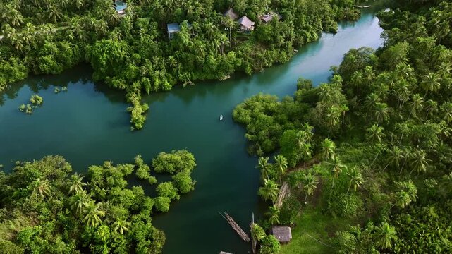 Aerial view of a river winding through the dense tropical forest of Siargao Island with a small boat floating on the water in Caraga, Philippines.