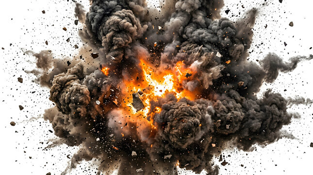 Dramatic explosion with debris and fiery orange center isolated on transparent background