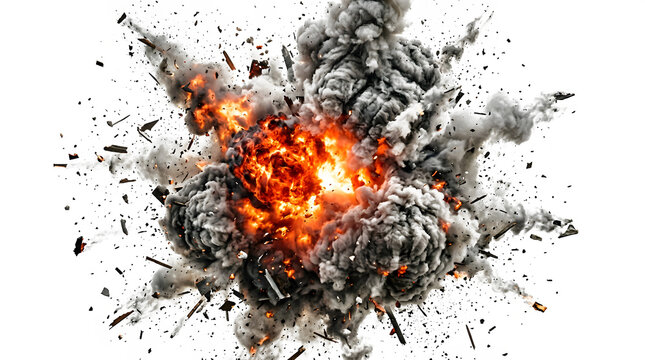 Dramatic explosion with fire and debris isolated on transparent background