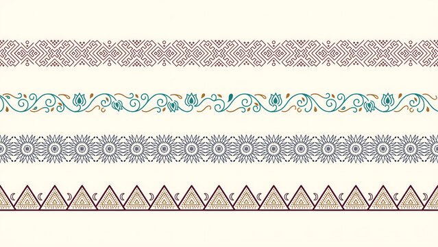 Four horizontal decorative borders with geometric and floral patterns isolated on a transparent background