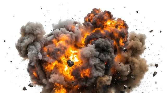 Realistic explosion with fire and debris isolated on transparent background