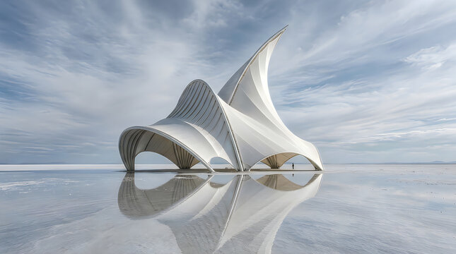 Abstract white sail structure on a vast salt flat, isolated on transparent background, showcasing a surreal architectural installation with sky reflection.