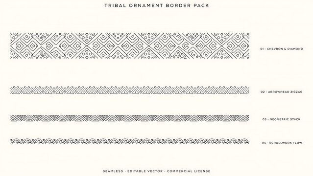 Four seamless tribal ornament borders with geometric patterns isolated on a transparent background
