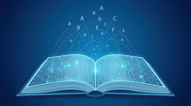 Digital book with circuit board pattern and floating letters