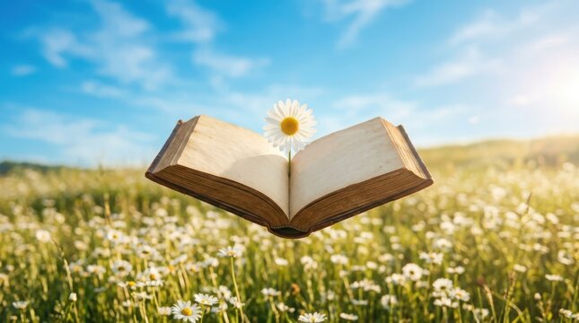 An open vintage book floating above a field of blooming daisies