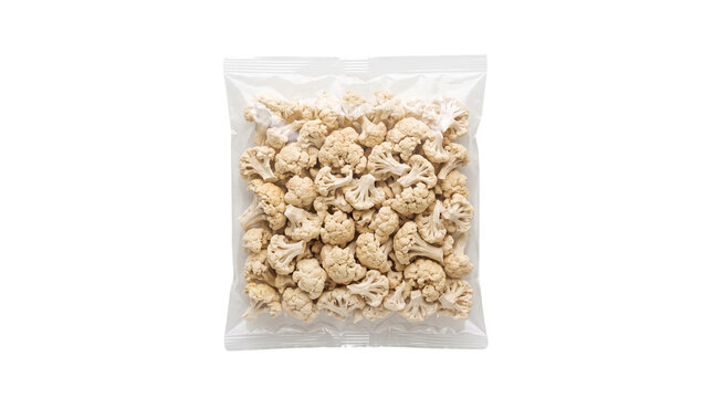Frozen cauliflower florets in plastic bag, organic vegetable pieces in transparent packaging, healthy vegan food storage isolated PNG with Transparent Background