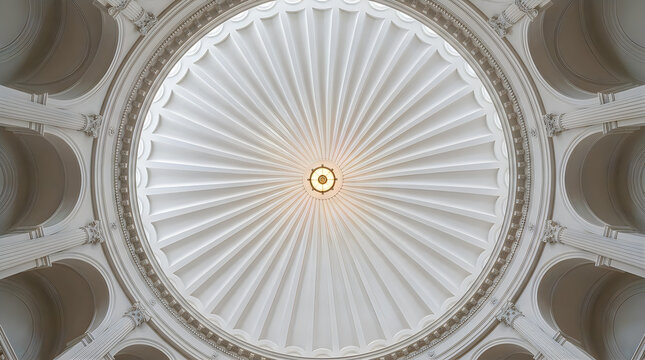 Low angle view of an elegant white dome ceiling with intricate architectural details, isolated on transparent background for professional design projects and editing.