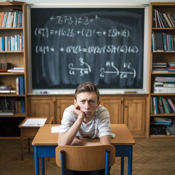Student Boy Sits at a Classroom Desk Looking Fed Up and Struggling with Complex Mathematics Written on the Blackboard