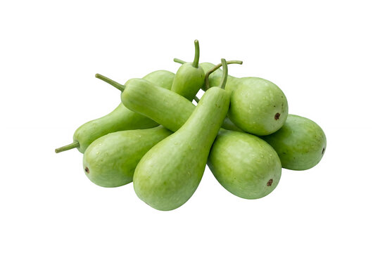 A pile of fresh organic calabash bottle gourds with green skin isolated on a transparent background