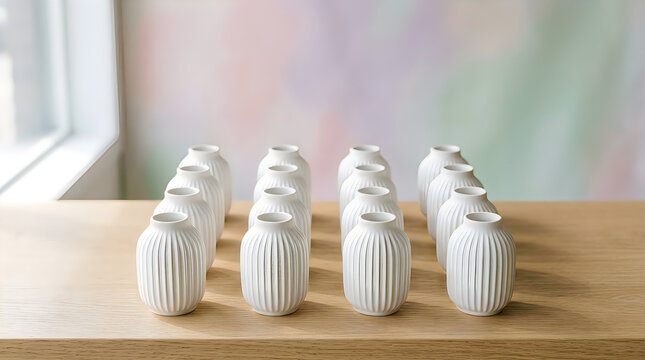 Collection of small white fluted vases arranged in a neat geometric grid on a wooden surface, isolated on transparent background for product display and design.