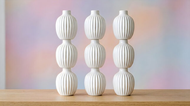 Three vertical stacks of white fluted vases creating a balanced geometric sculpture, isolated on transparent background for creative interior design and branding.