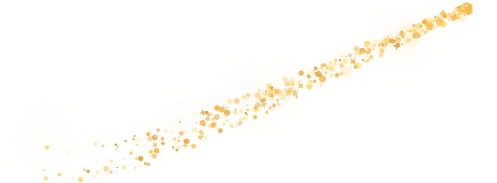 Golden glitter dust trail on white background, sparkling gold particles in motion, shimmering metallic sand splash for luxury design