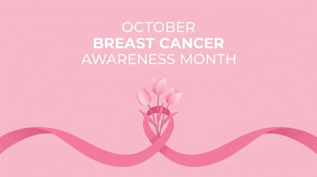 October breast cancer awareness month with pink ribbon and tulips
