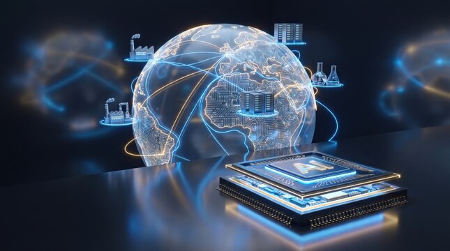 AI microprocessor unit powers global manufacturing and semiconductor supply chains. Data centers, research, and industrial processes drive advanced technology innovation worldwide.