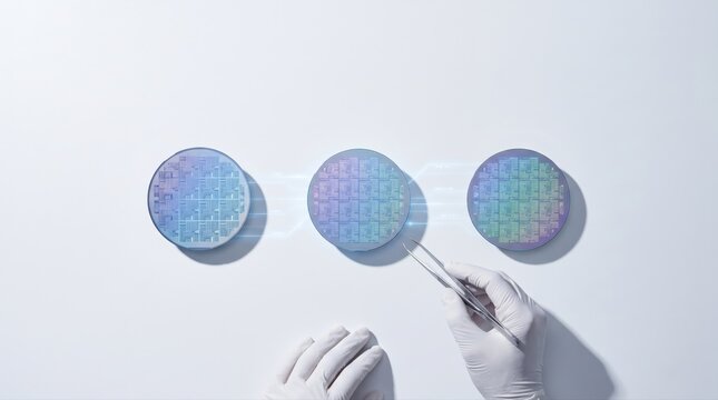 Gloved hand precisely handles silicon wafers, essential for advanced microchip manufacturing and conductor technology. These chips power artificial intelligence development.