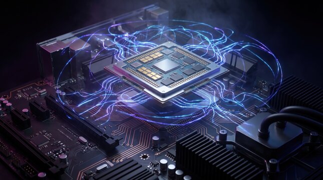 Advanced central processing unit (CPU) sits on a dark motherboard. Glowing blue data streams highlight high-speed AI and computational power.