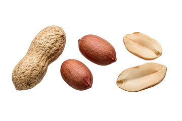 Obraz premium Group of whole raw peanuts and peeled kernels isolated on a clean background for healthy food and cooking concepts