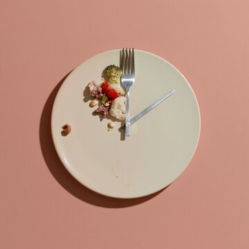 Minimalist clock plate with cutlery hands and food portions on a coral background for intermittent fasting and diet concepts with copy space