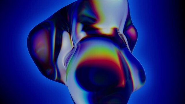 Droplet of liquid with a holographic surface. Abstract background in blue color. Seamless vj loop. Dynamically moving abstract form.