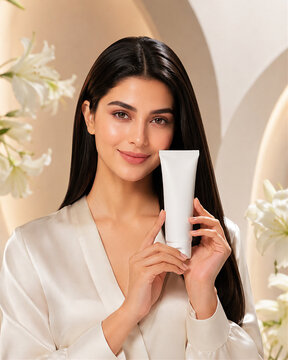 A beautiful woman holding a tube of skincare product in a serene and elegant setting