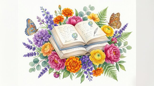 Watercolor illustration of open books surrounded by flowers isolated on white background