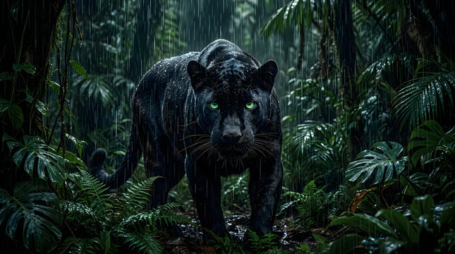 Black panther standing in the dark tropical jungle at night