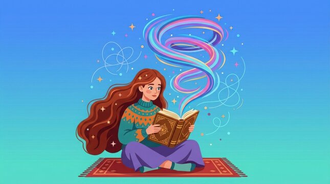 Young woman reading a magical book with swirling colorful energy