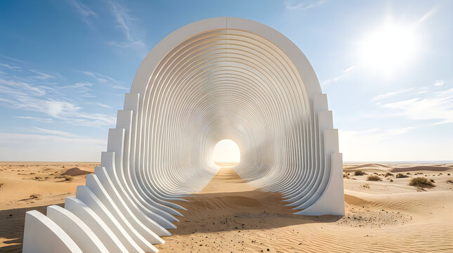 Futuristic white archway tunnel leading to a bright horizon in a vast desert landscape, isolated on transparent background for surreal digital art compositions.