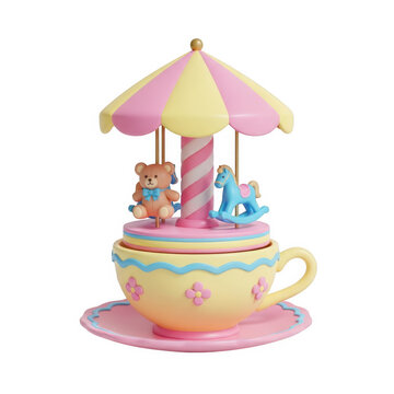 Colorful carousel tea set with pink umbrella