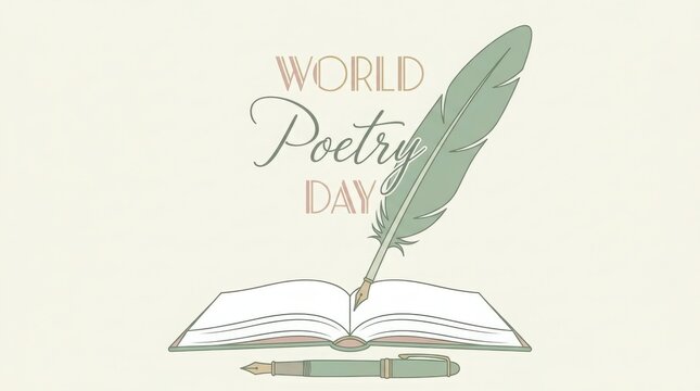 World poetry day illustration with a quill pen and an open book