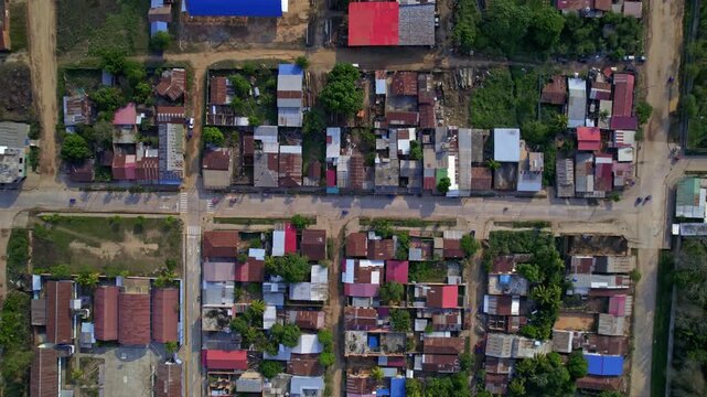 Aerial view of residential streets and rooftops in the city of Pucallpa, Ucayali, Peru.