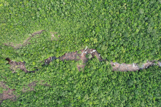 Aerial view of the lush green forest canopy surrounding the rocky Da Ban Stream in Phu Quoc, Kien Giang, Vietnam.