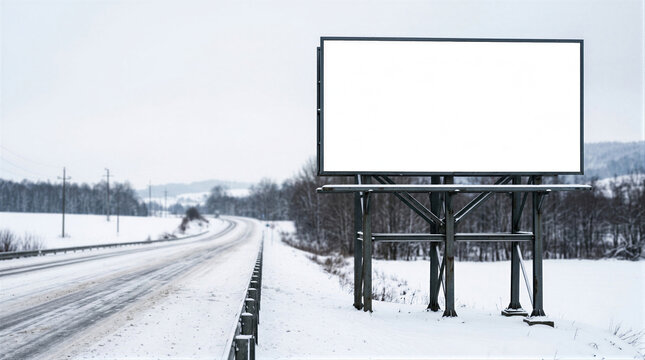 Winter billboard along snowy highway with frozen landscape and bare forest scenery. Seasonal brands use winter settings for cold-weather product campaigns. Winter advertisement concept.