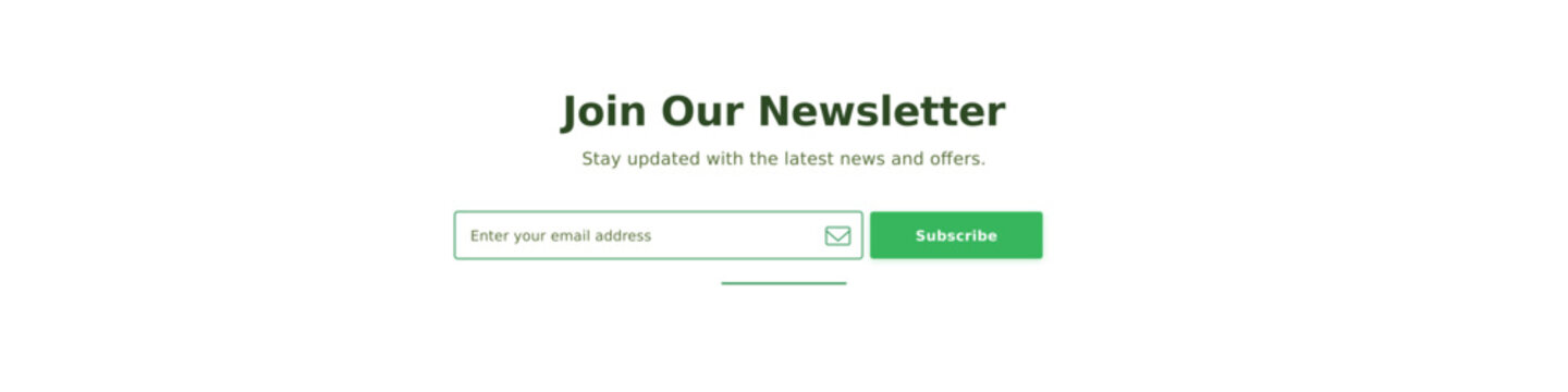 Newsletter subscription banner, email signup form vector, green subscribe button web interface