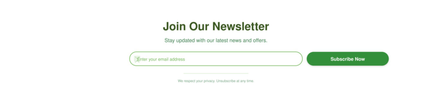 Newsletter subscription banner vector, email signup form, green subscribe button for website UI