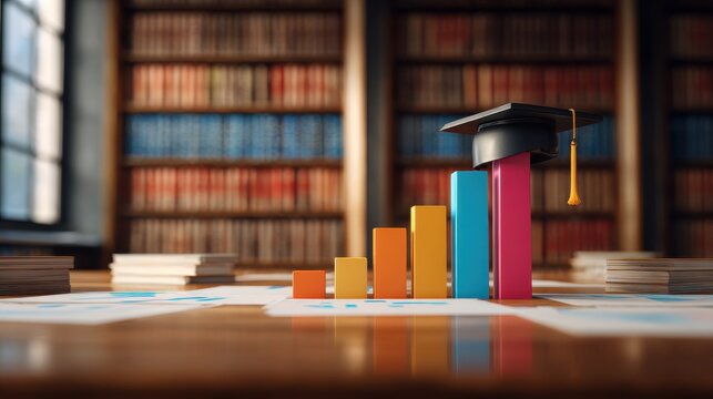 Graduation Cap On Bar Graph Realistic 3d Render With Bookshelf Background
