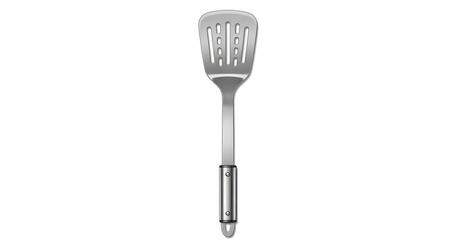 Stainless steel grilling spatula with perforated head isolated on transparent background