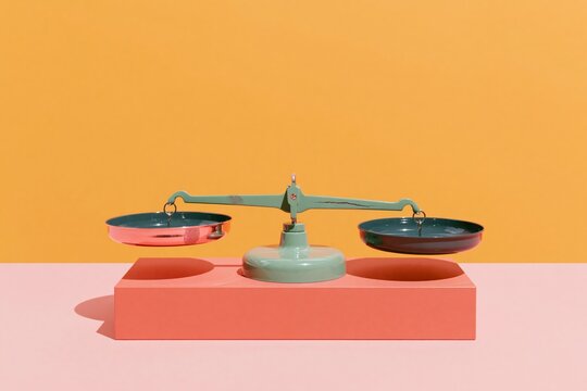 A vintage balance scale tipped unevenly on a pink pedestal against a warm yellow background for inequality and comparison concepts