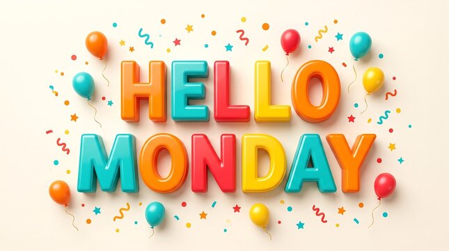 Colorful three dimensional hello monday text surrounded by festive balloons and confetti on white