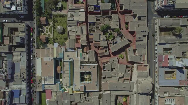 Aerial view of the historic urban layout and rooftops in Arequipa, Arequipa, Peru.