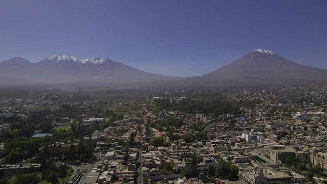 Aerial view of Arequipa city with its historic architecture and surrounding volcanic landscape under a clear blue sky in Arequipa, Arequipa, Peru.