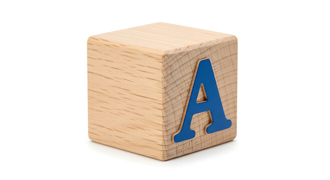 Wooden alphabet block featuring large blue letter A on light natural surface