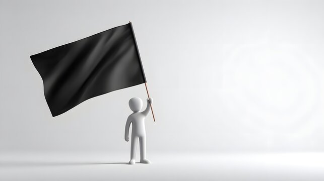 Minimalist white 3D human figure holding a black waving flag, isolated on a clean background with soft studio lighting.