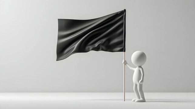 Minimalist white 3D human figure holding a black waving flag, isolated on a clean background with soft studio lighting.
