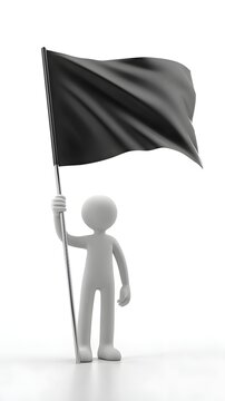 Minimalist white 3D human figure holding a black waving flag, isolated on a clean background with soft studio lighting.