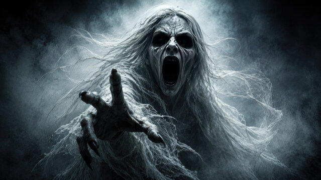 Scary screaming ghost reaching out from dark fog for a terrifying halloween horror theme background with cinematic lighting effects