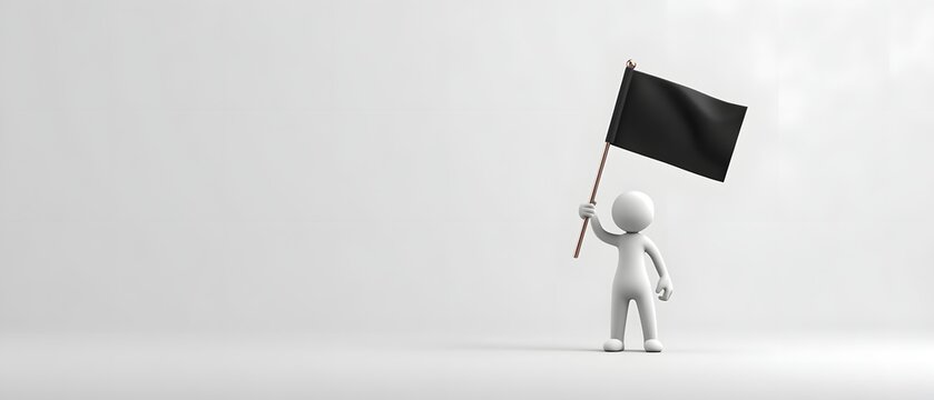 Minimalist white 3D human figure holding a black waving flag, isolated on a clean background with soft studio lighting.