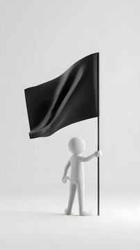 Minimalist white 3D human figure holding a black waving flag, isolated on a clean background with soft studio lighting.