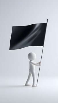 Minimalist white 3D human figure holding a black waving flag, isolated on a clean background with soft studio lighting.